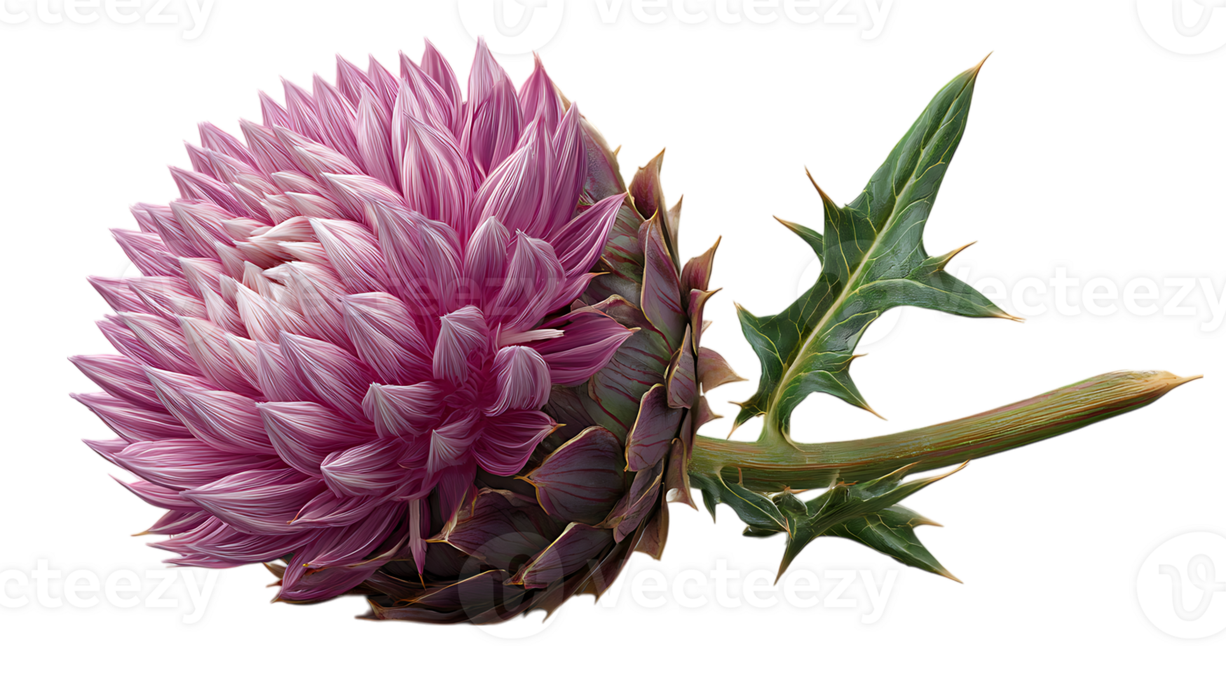 A detailed close up of a blooming pink thistle flower with spiky green leaves and stem isolated on transparent background png