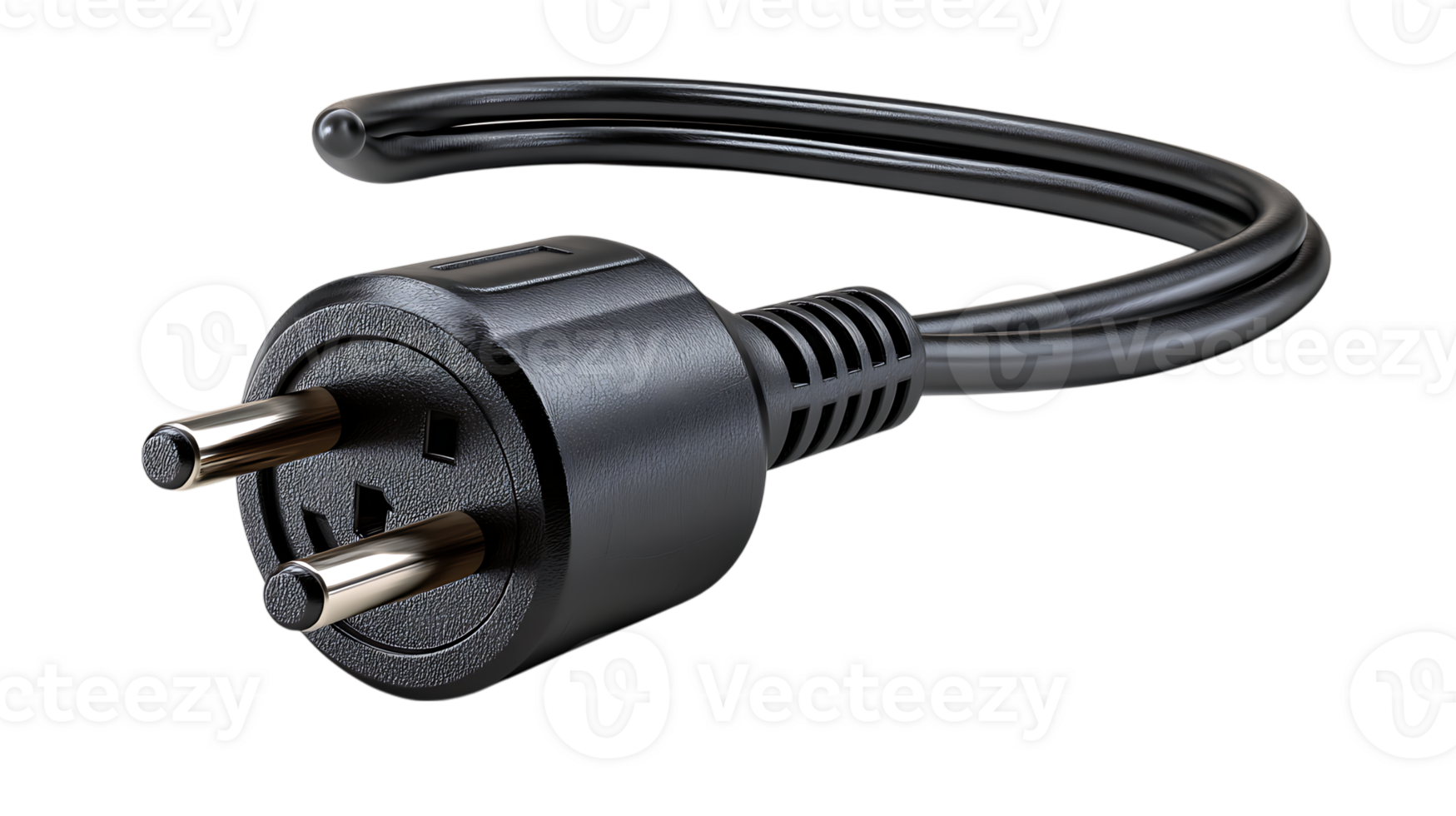 Close up of a black electrical power plug with two metallic pins and a curved cable isolated on transparent background png