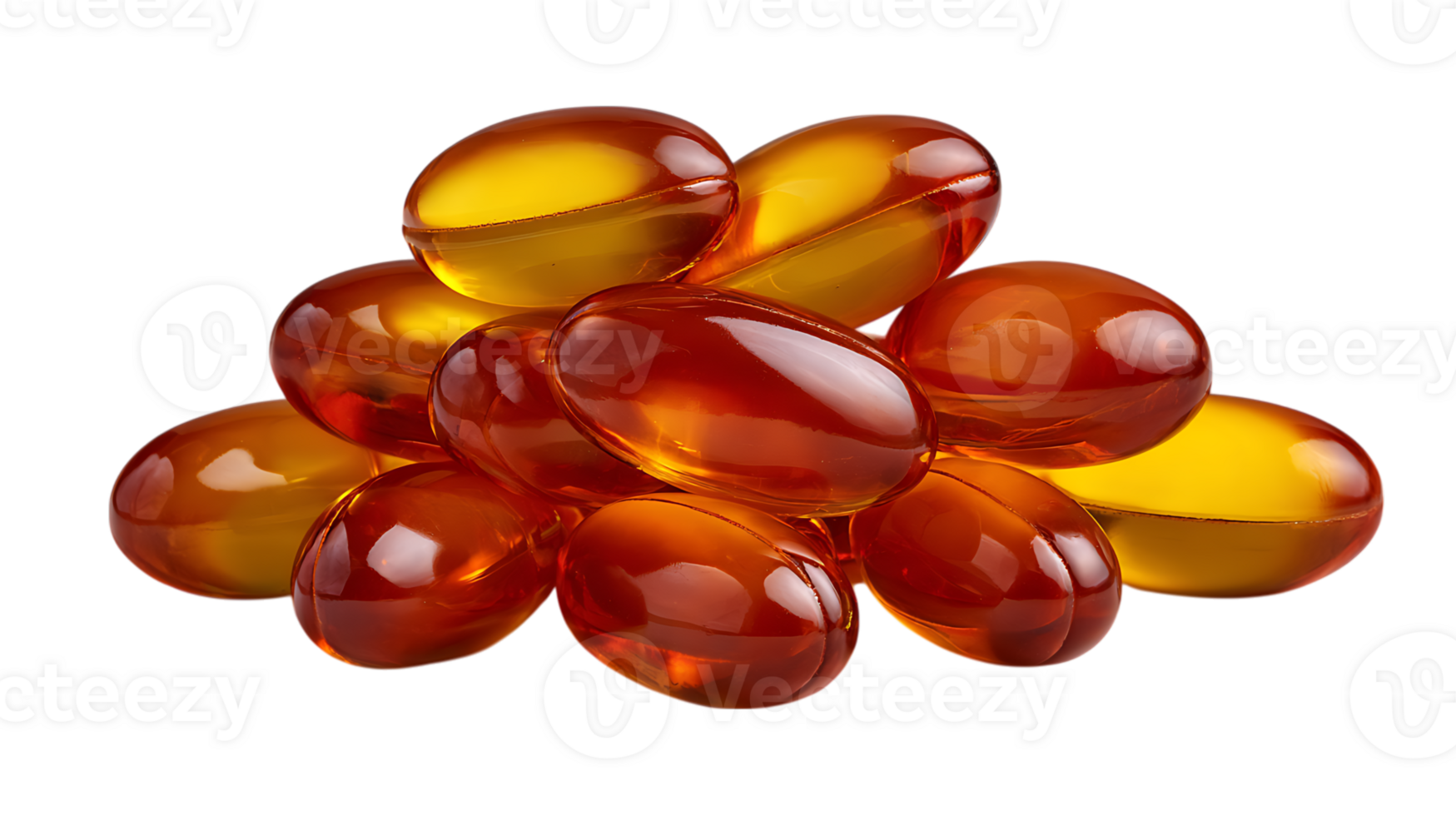 A pile of translucent amber colored oval softgel capsules isolated on a transparent background isolated on transparent background png