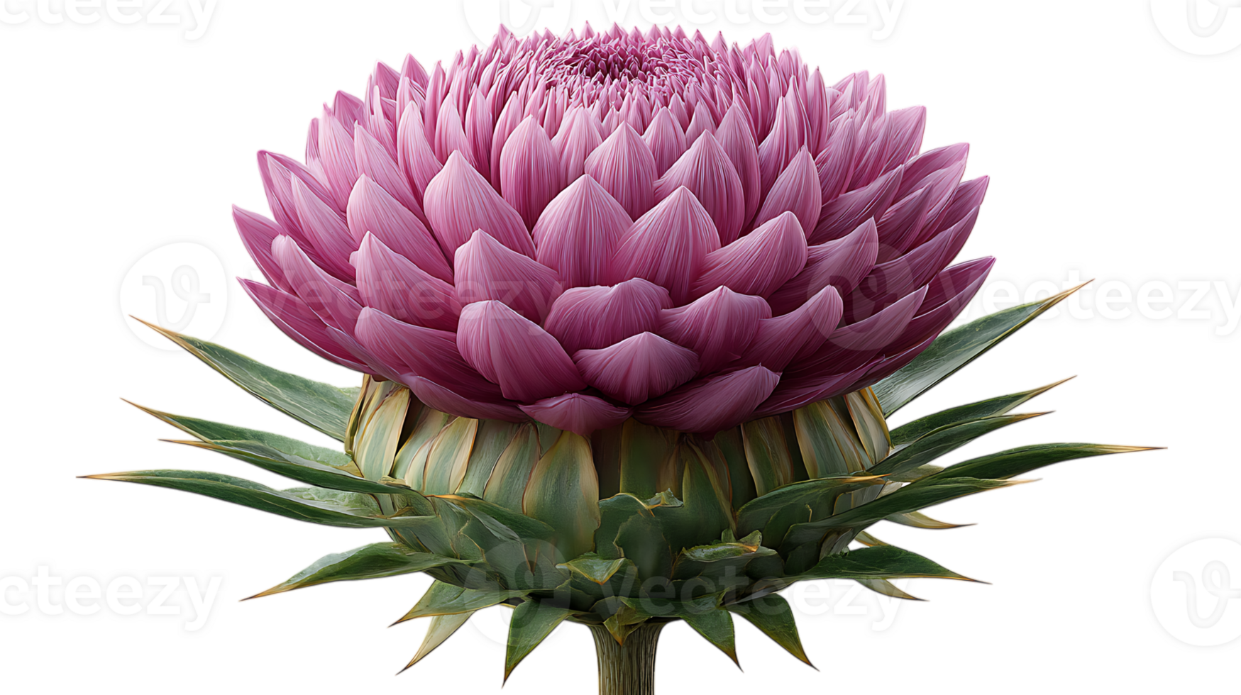 Close up of a vibrant pink artichoke flower with green spiky leaves isolated on transparent background png