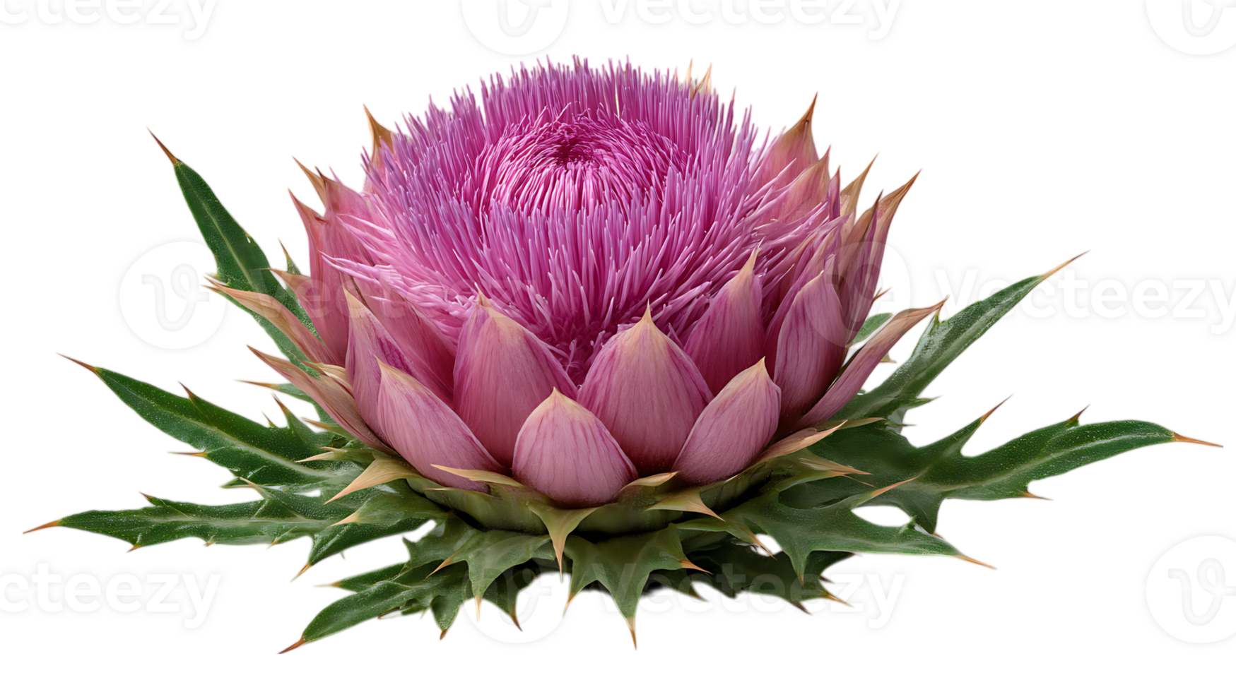 A vibrant pink thistle flower with spiky green leaves and petals isolated on transparent background png