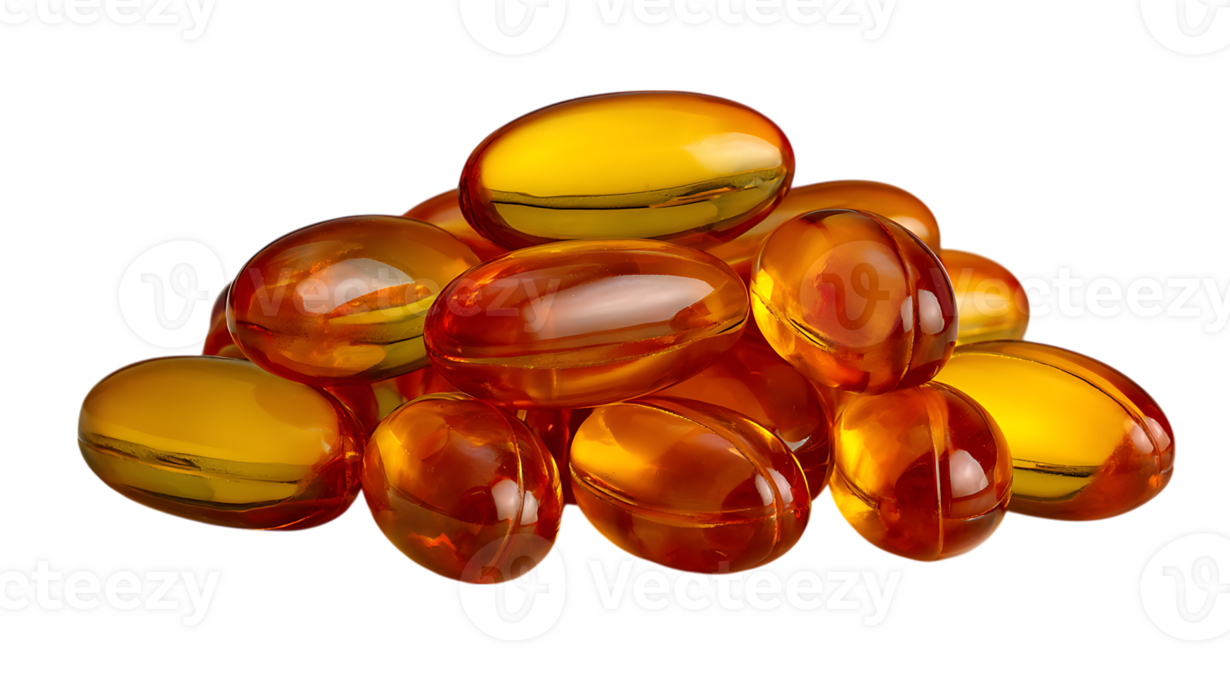 A pile of translucent amber colored gel capsules isolated on a transparent background isolated on transparent background png