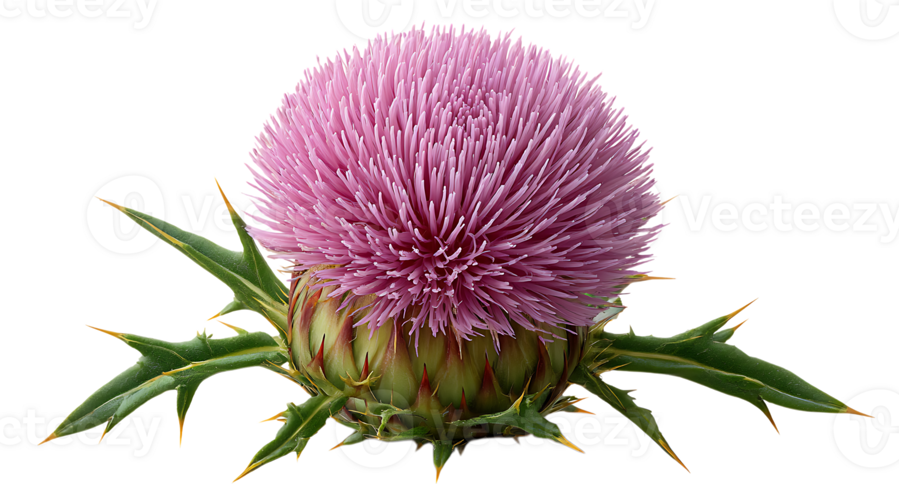 A detailed close up of a vibrant pink thistle flower with sharp green spiky leaves isolated on transparent background png