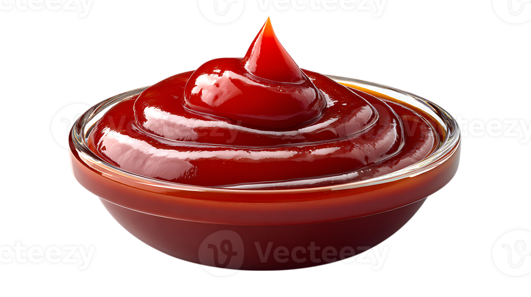 A glossy swirl of rich red ketchup elegantly presented in a clear glass bowl isolated on transparent background png
