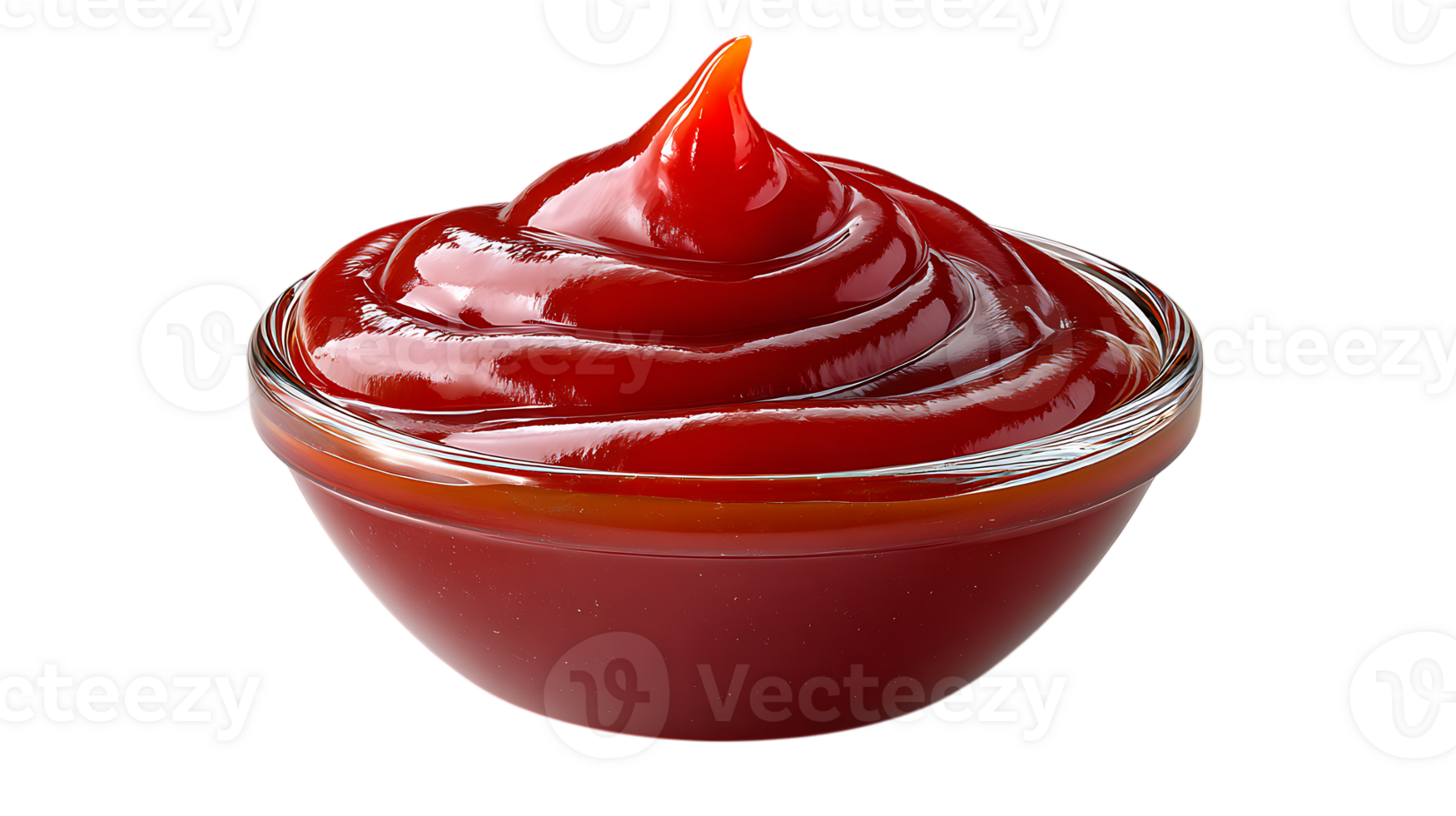 A swirl of rich red ketchup elegantly presented in a clear glass bowl isolated on transparent background png