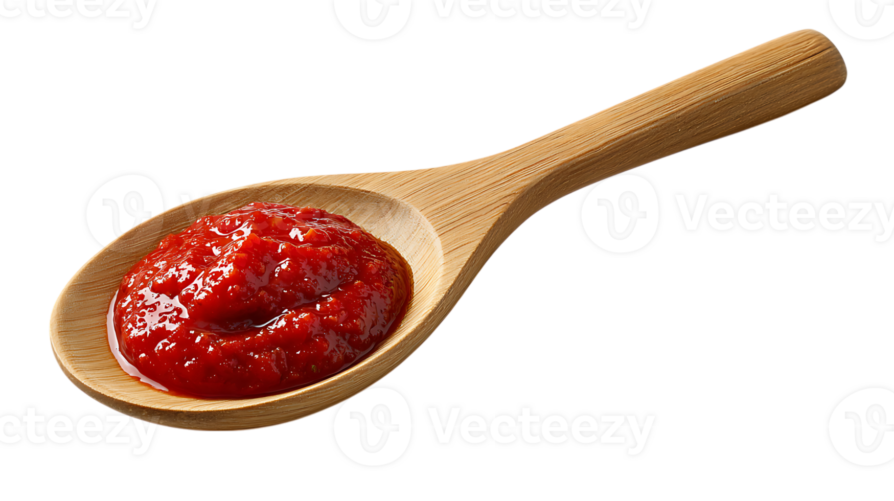 A wooden spoon holding a generous portion of thick textured tomato paste or sauce isolated on transparent background png