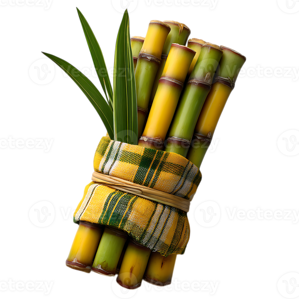 Freshly harvested sugarcane stalks tied together with a plaid cloth and leaves isolated on transparent background png