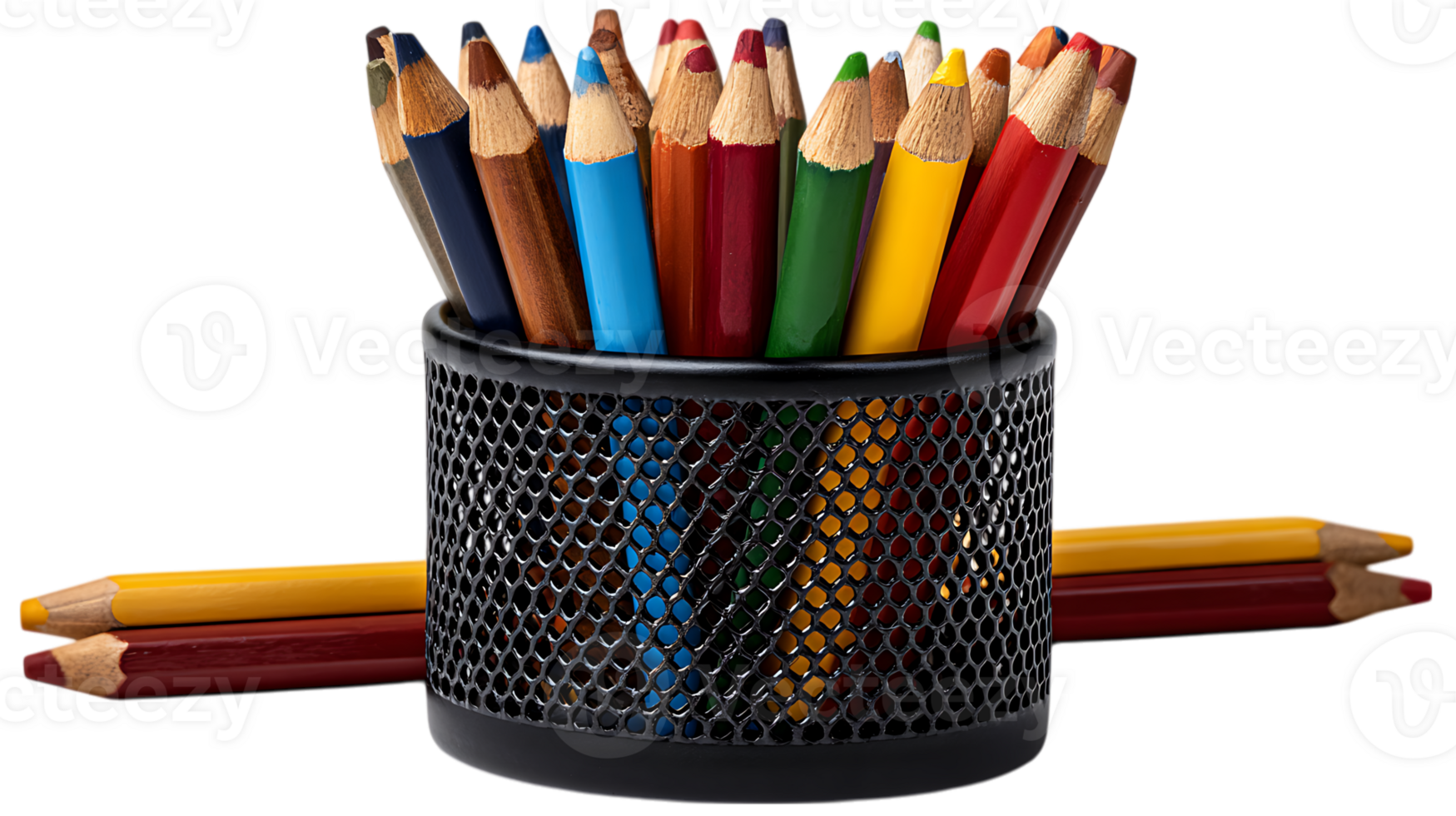 A collection of colorful sharpened pencils in a black mesh cup with two pencils lying in front isolated on transparent background png