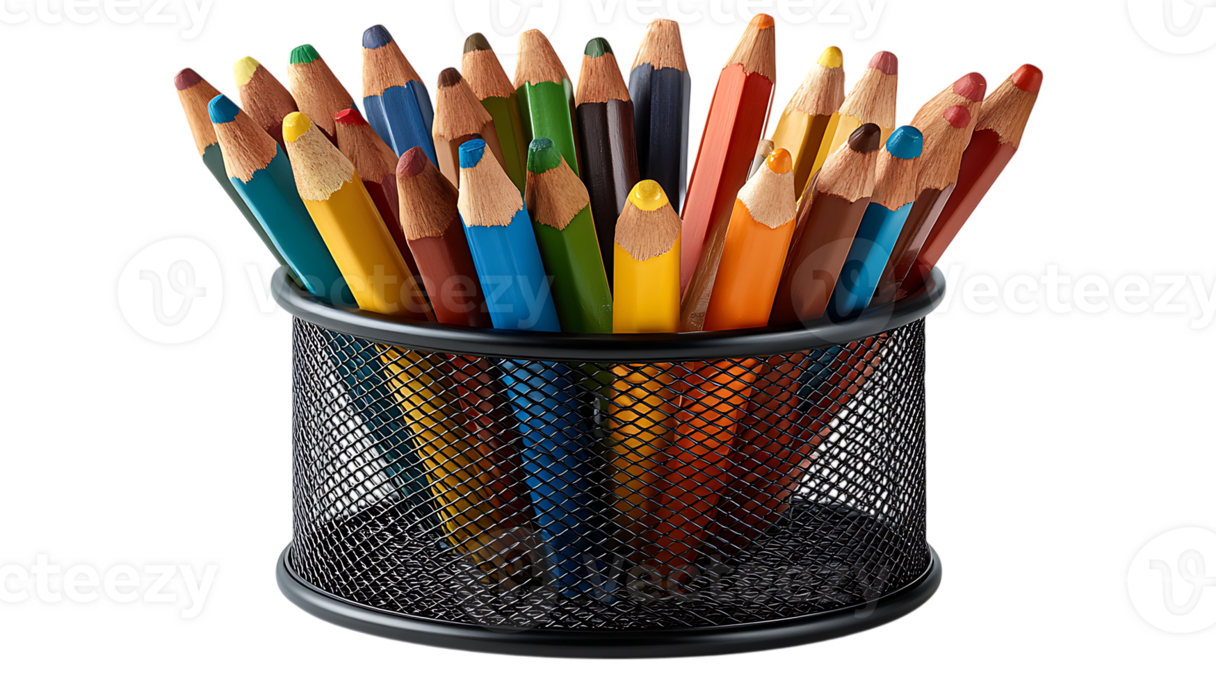 A collection of sharpened colored pencils in a black mesh holder isolated on transparent background png