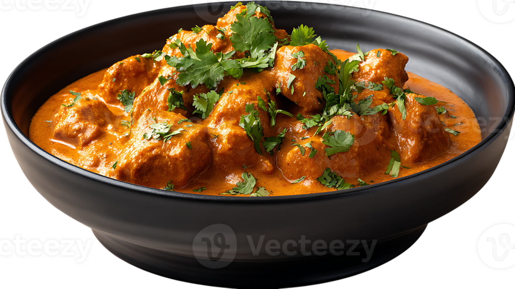 Delicious indian butter chicken dish with creamy tomato sauce and fresh cilantro garnishes isolated on transparent background png