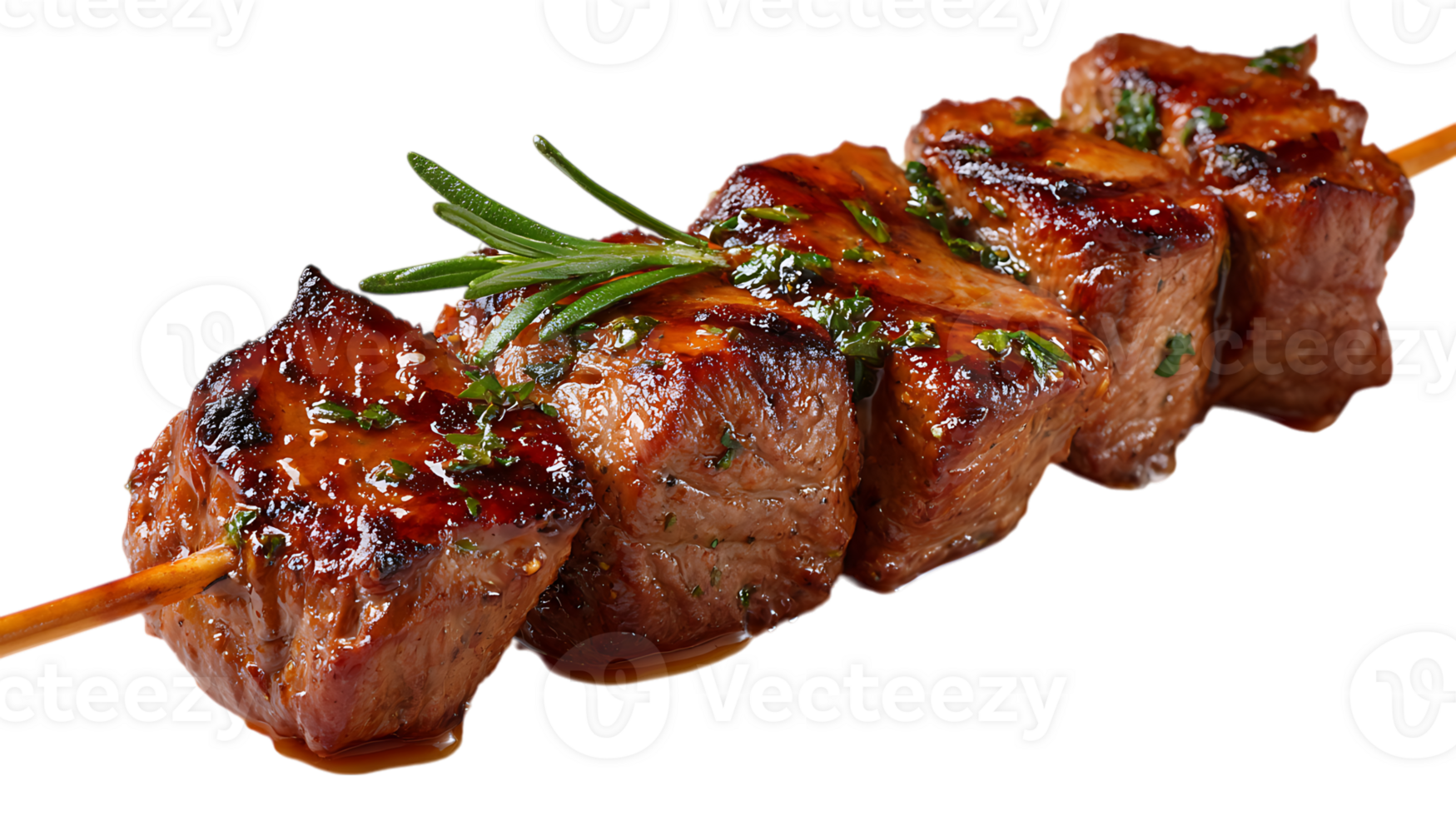 Succulent grilled beef steak cubes on a skewer garnished with fresh rosemary and herbs isolated on transparent background png