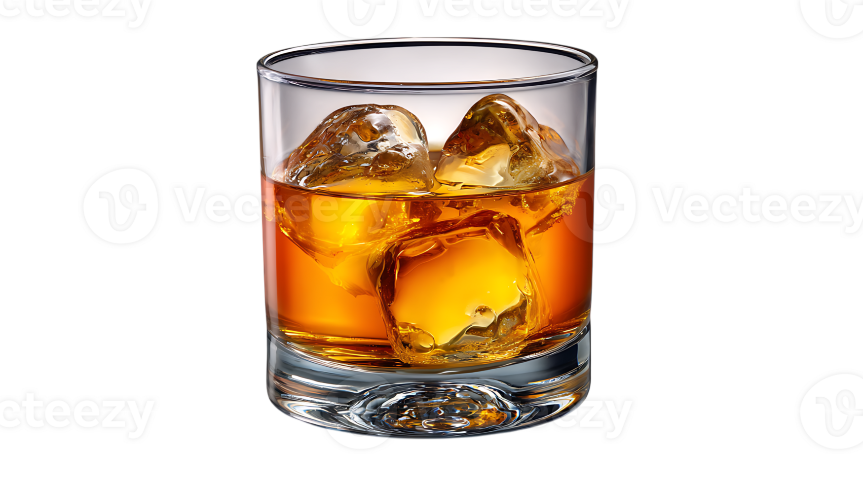 A refreshing glass of amber whiskey with ice cubes isolated on transparent background png