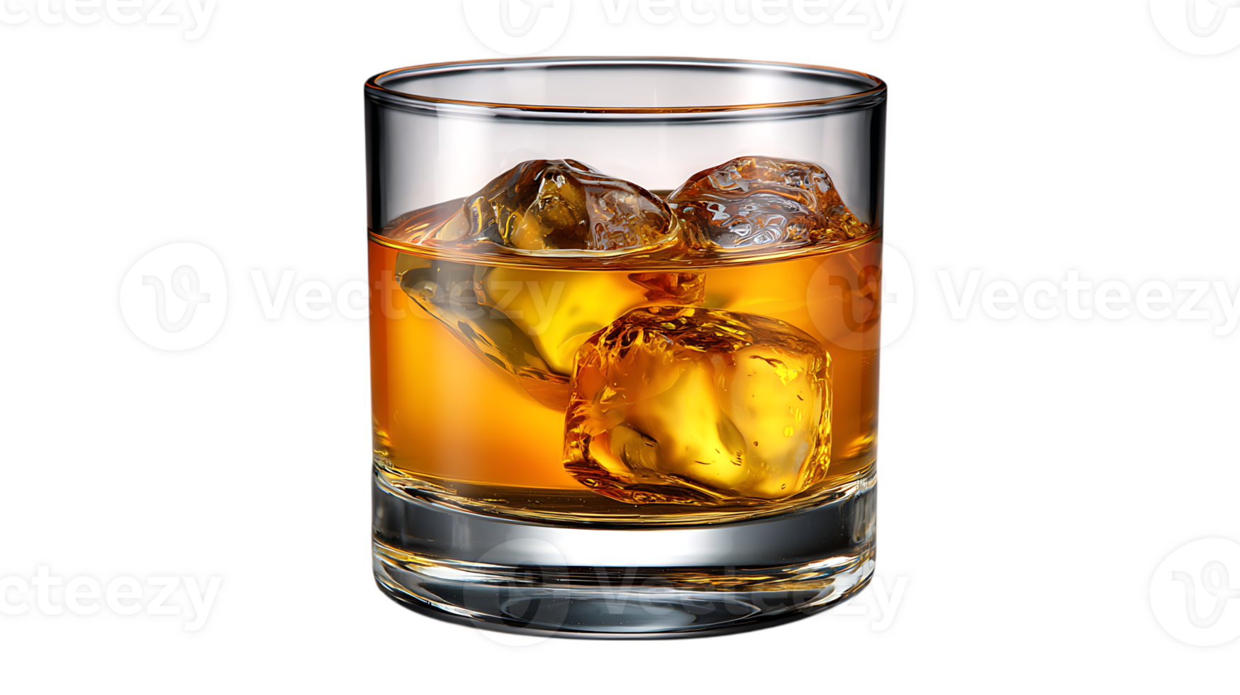 A refreshing glass of amber colored whiskey with large ice cubes isolated on transparent background png
