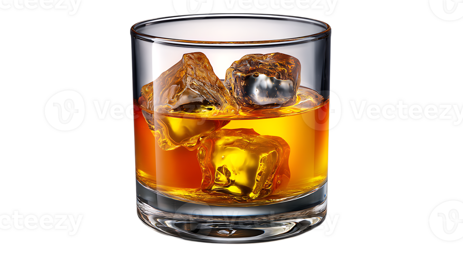 A refreshing glass of amber whiskey with three clear ice cubes isolated on transparent background png