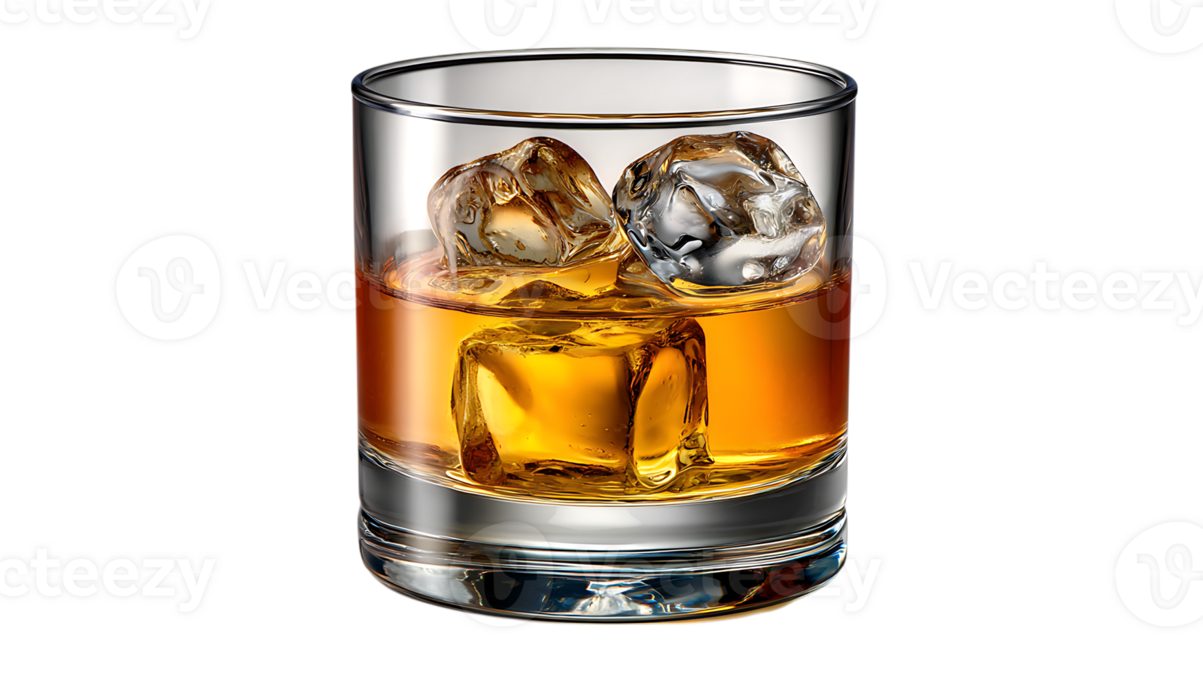 A refreshing glass of amber whiskey with three ice cubes isolated on transparent background png