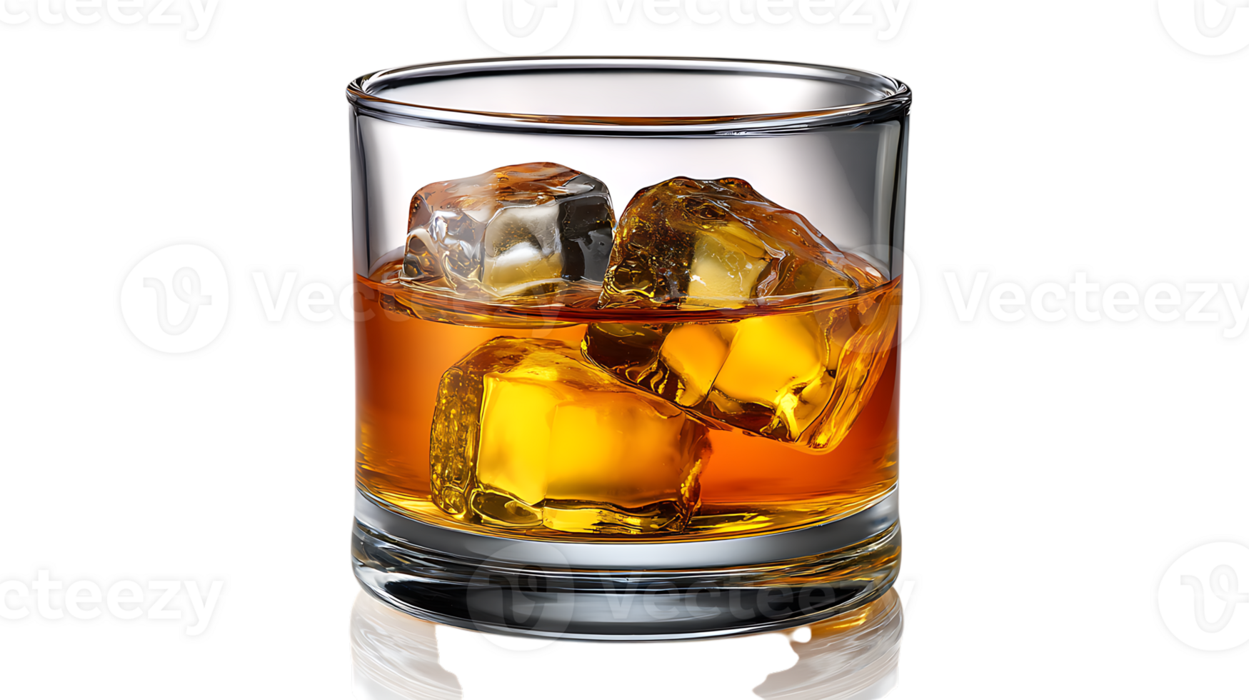 A refreshing glass of amber whiskey with clear ice cubes isolated on transparent background png