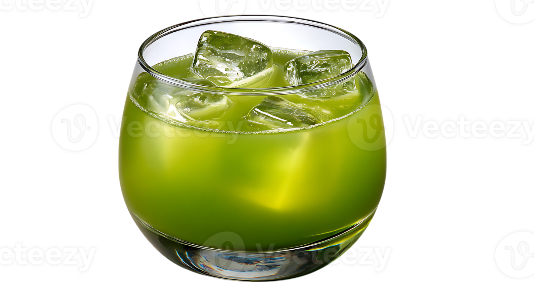A refreshing green cocktail with ice cubes in a clear glass isolated on transparent background png