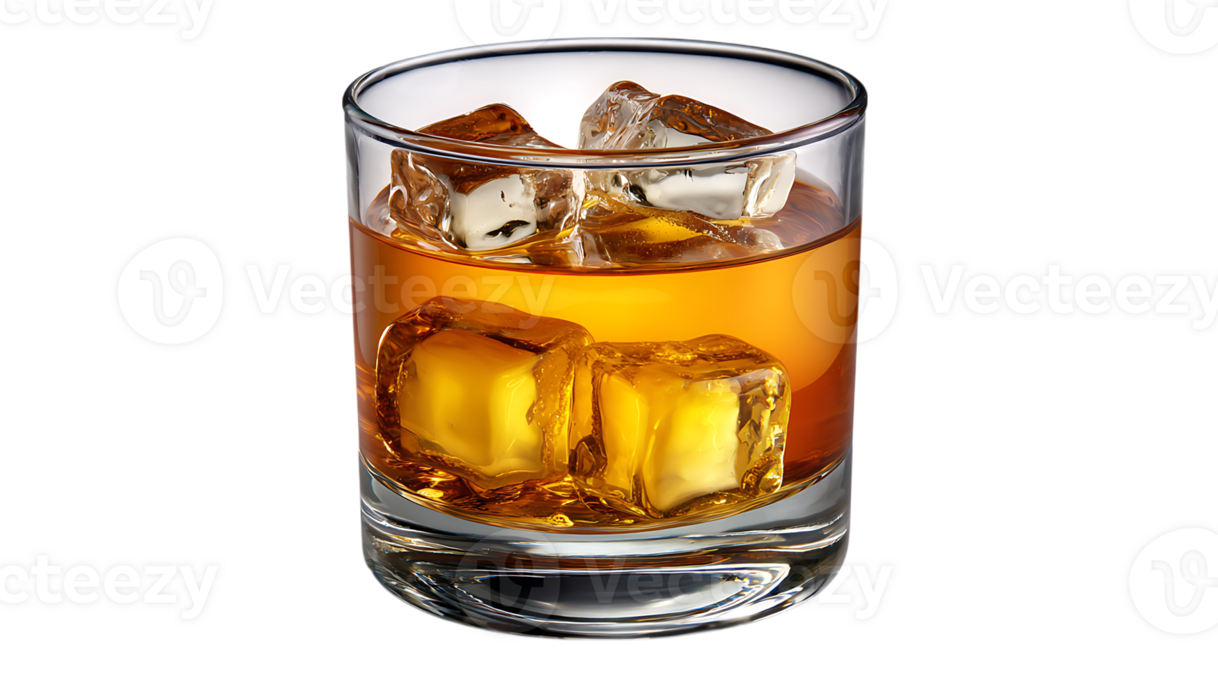 A refreshing amber colored whiskey with clear ice cubes in a glass isolated on transparent background png