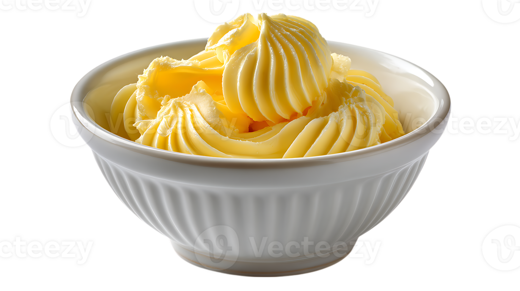 A white ceramic bowl filled with soft yellow butter swirls and piped frosting isolated on transparent background png