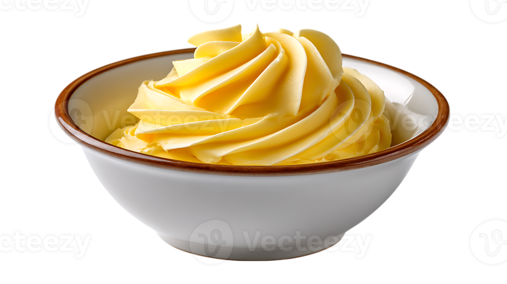 A swirl of creamy yellow butter artfully piped into a white ceramic bowl with a brown rim isolated on transparent background png