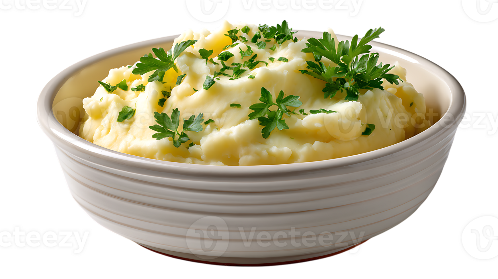 Creamy mashed potatoes generously garnished with fresh parsley leaves in a rustic bowl isolated on transparent background png
