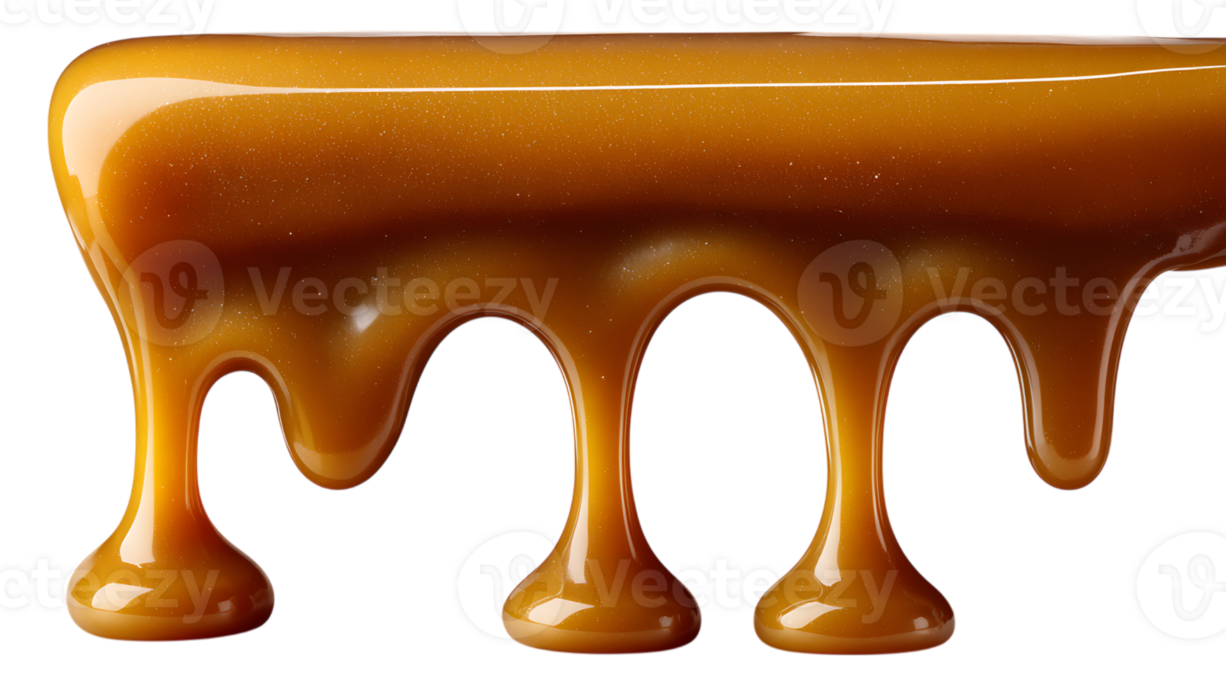 Rich golden caramel sauce with shimmering highlights dripping in elegant strands isolated on transparent background png