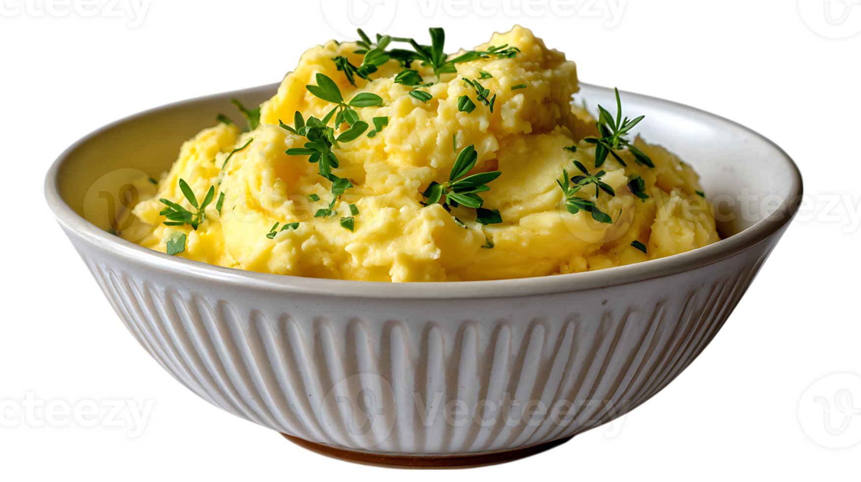 Creamy mashed potatoes generously garnished with fresh green herbs in a rustic bowl isolated on transparent background png