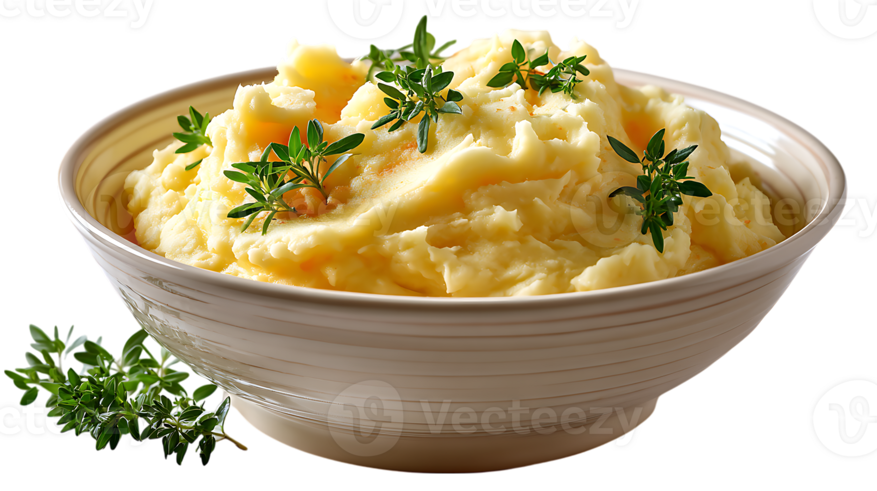 Creamy mashed potatoes with fresh thyme garnish in a rustic bowl isolated on transparent background png