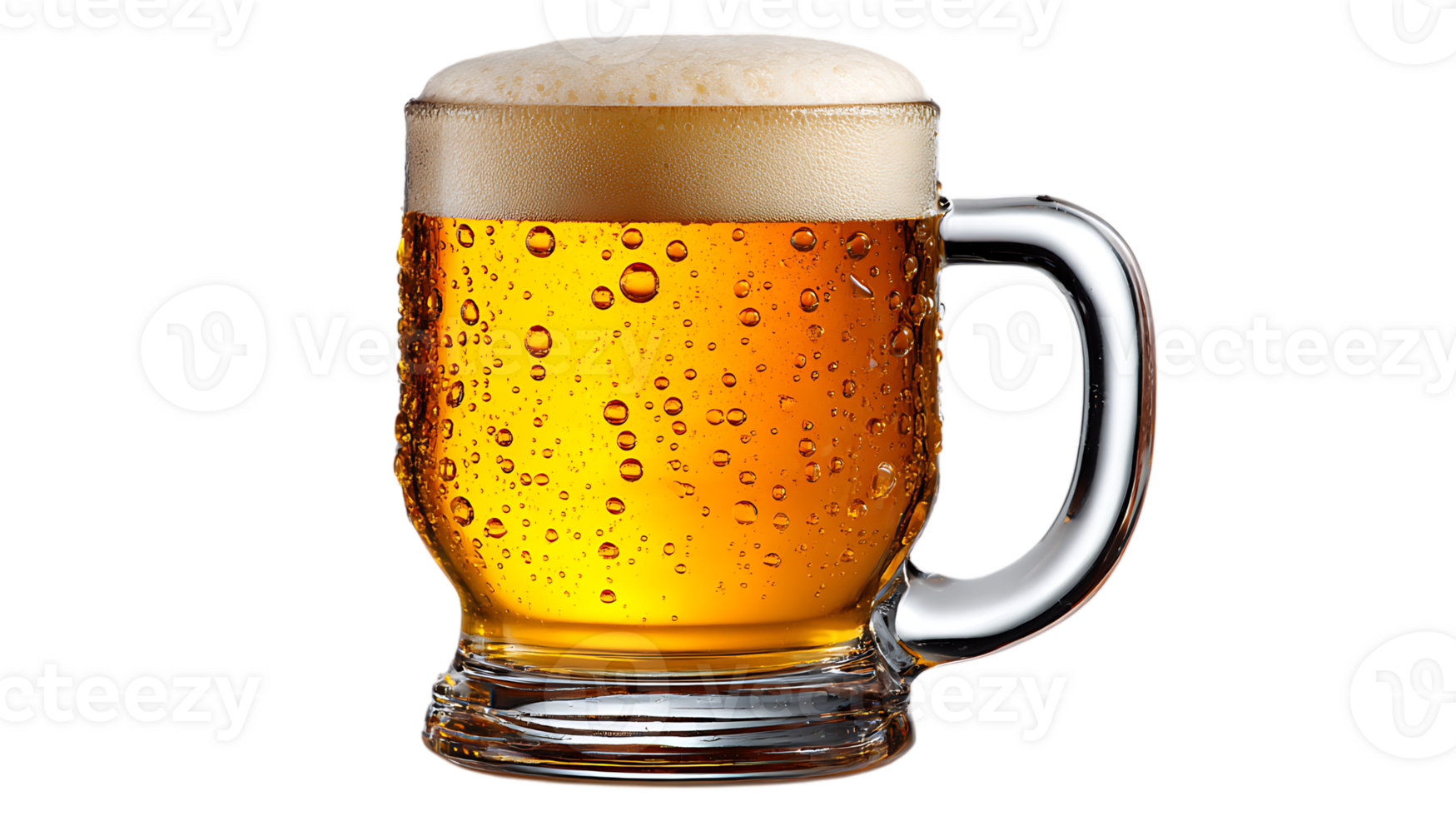 A refreshing glass mug filled with golden amber beer and a frothy white head isolated on transparent background png