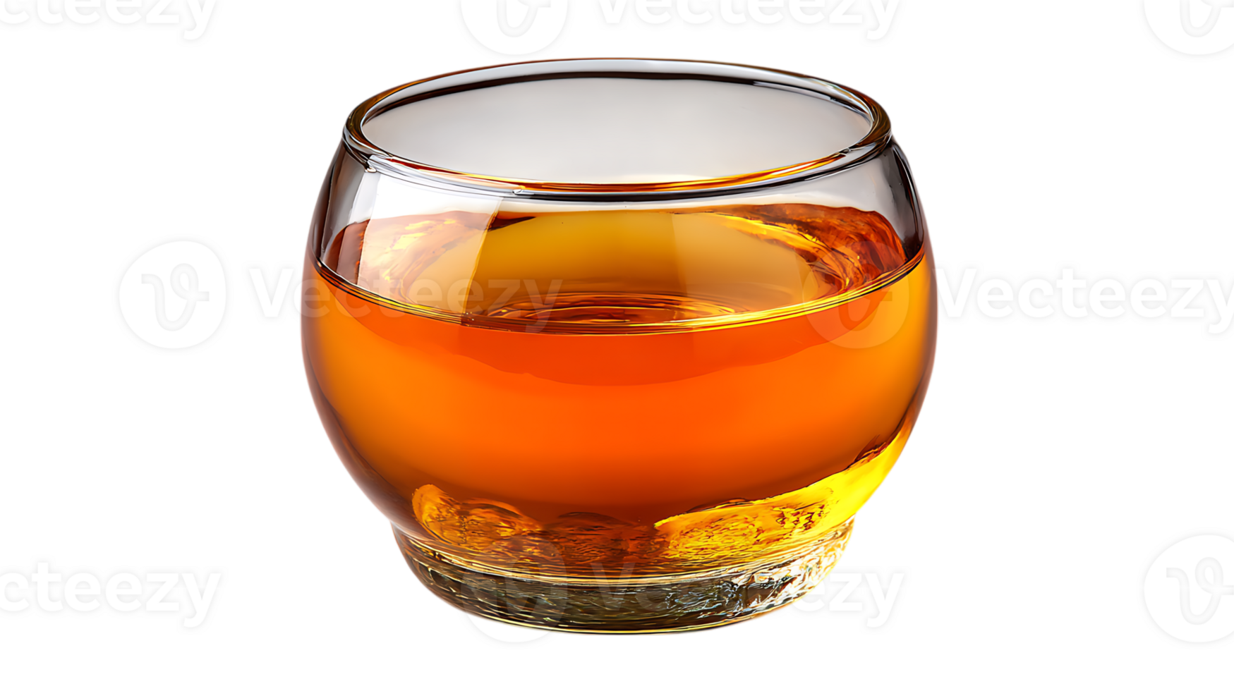 A close up of a glass tumbler filled with amber colored liquid and ice cubes isolated on transparent background png
