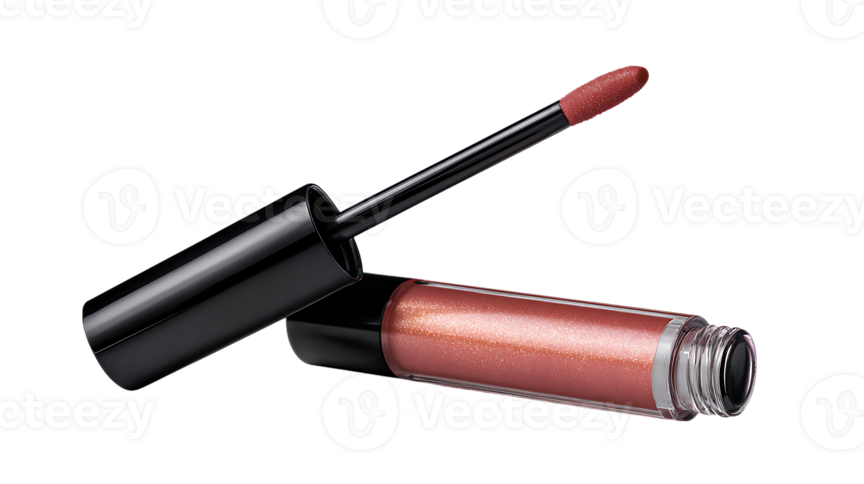 A shimmering rose gold liquid lipstick with a black applicator and cap isolated on transparent background png