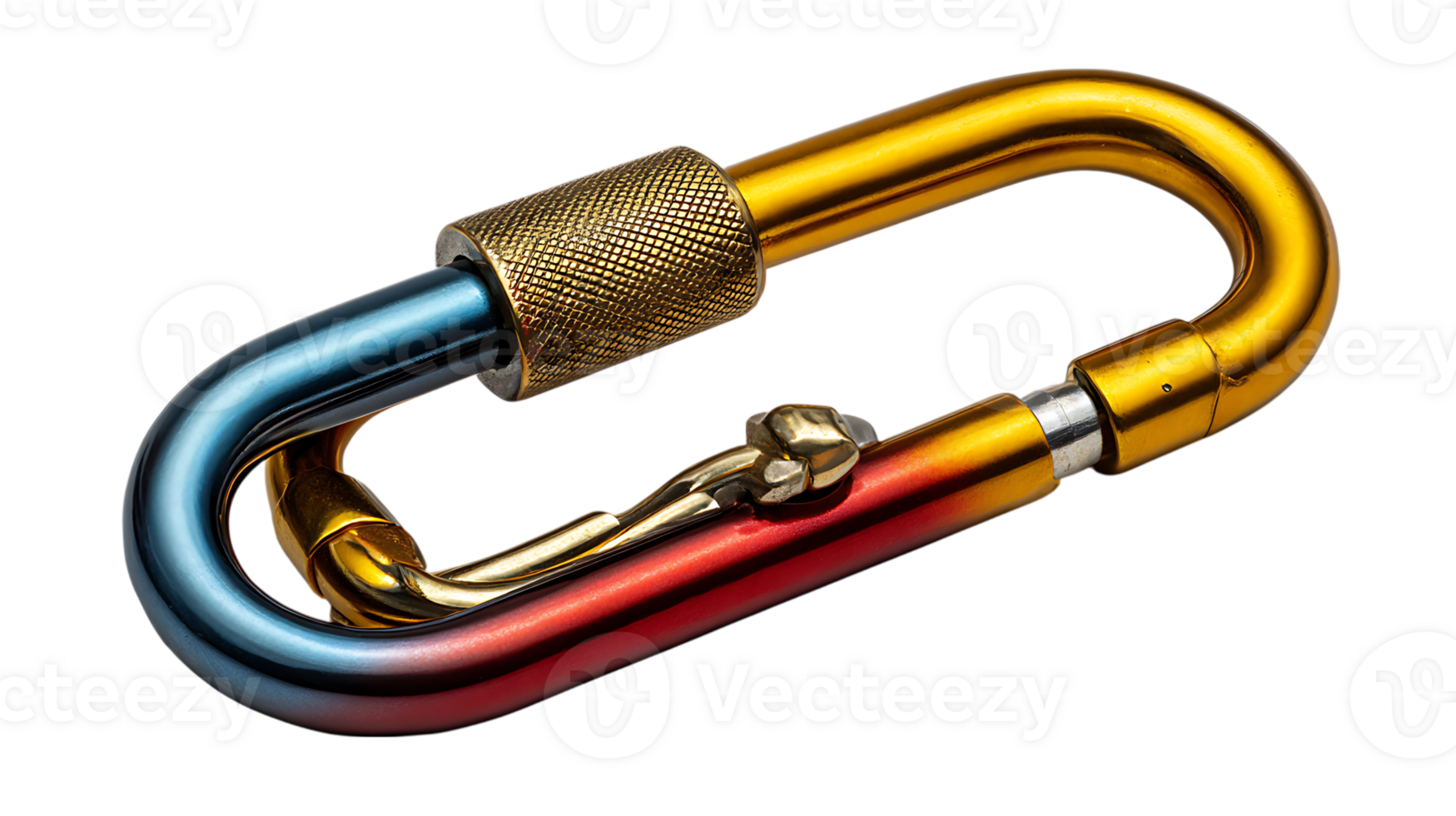 Detailed view of a multi colored climbing carabiner with a screw gate and textured locking mechanism isolated on transparent background png