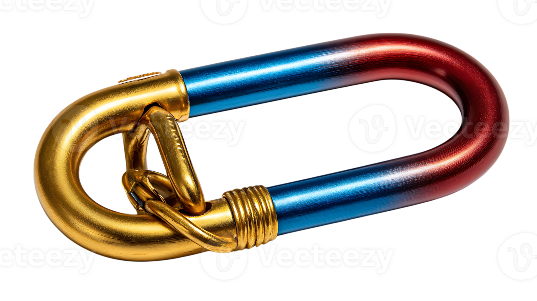 Close up of a metallic climbing carabiner with a gold gate and a blue to red gradient body isolated on transparent background png