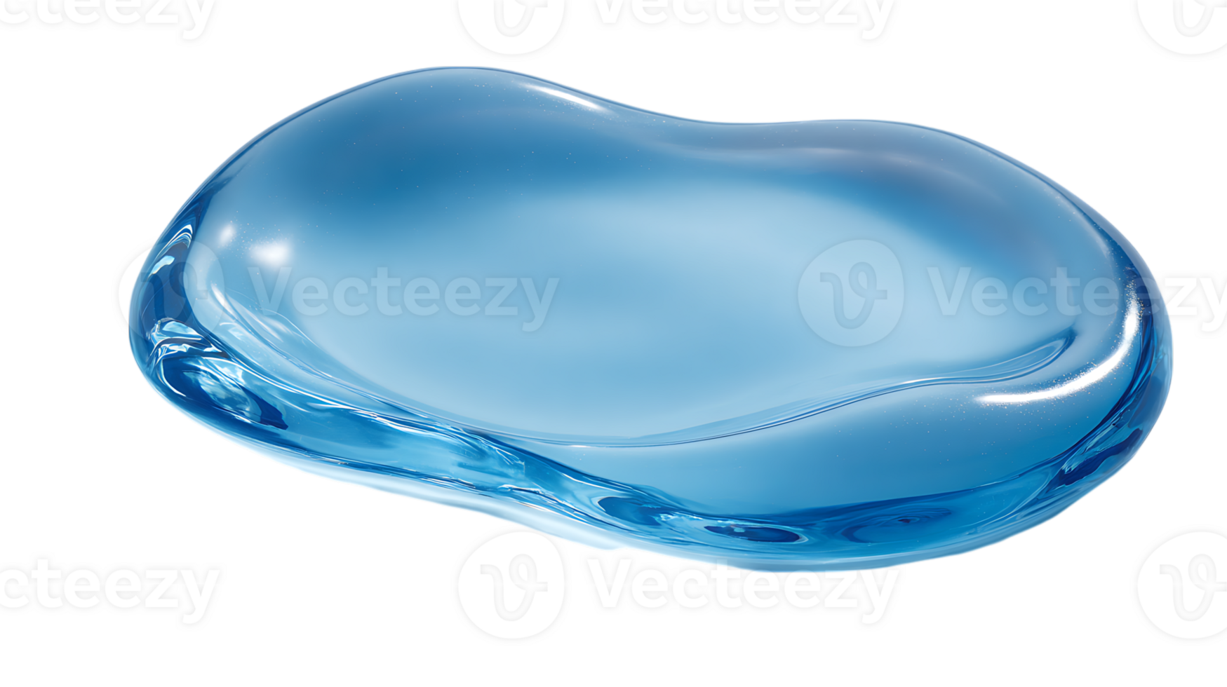 A clear blue liquid droplet with a smooth curved surface and subtle shimmering particles isolated on transparent background png