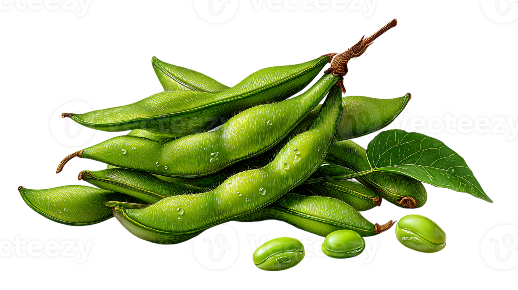 A cluster of fresh green edamame pods with water droplets and loose beans isolated on transparent background png