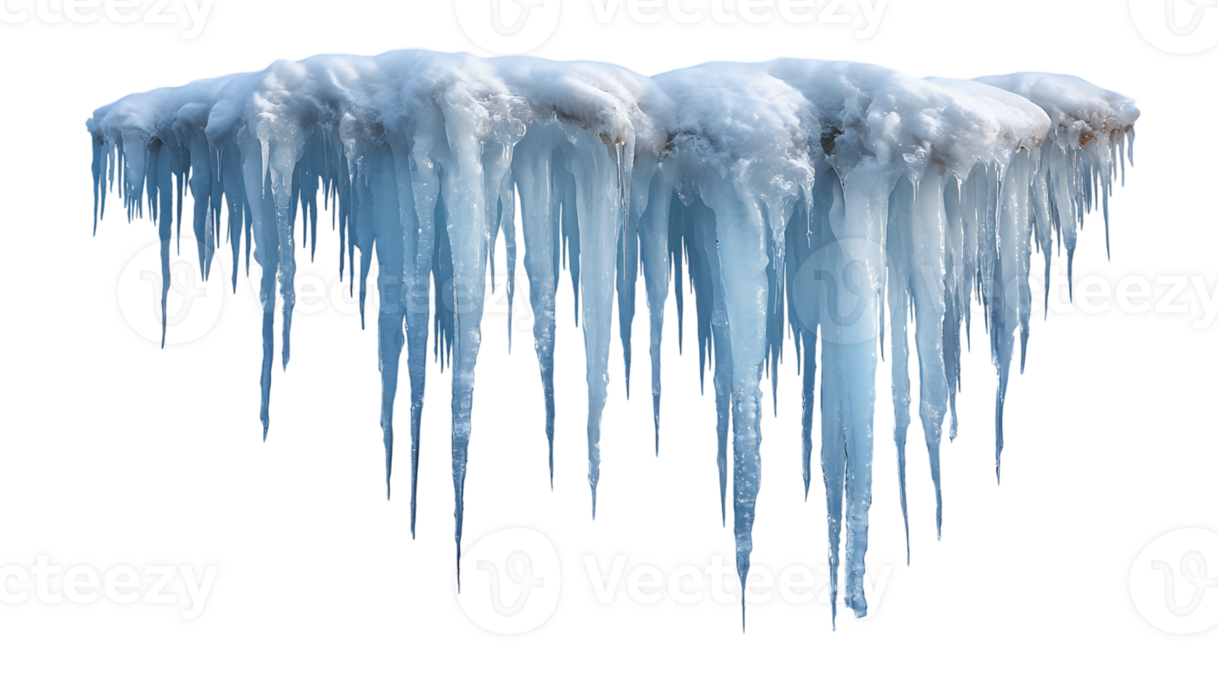 A formation of sharp translucent blue icicles hanging from a snowy ledge isolated on transparent background png