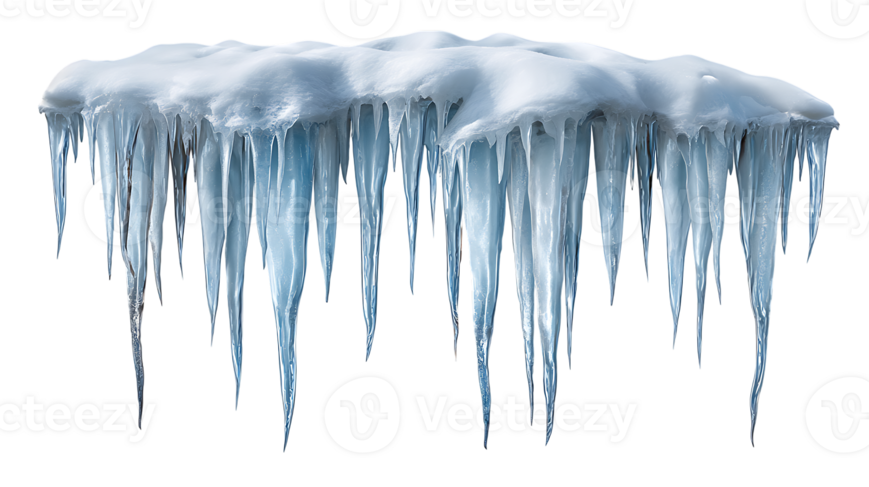 A formation of sharp blue icicles hanging from a snow covered ledge isolated on transparent background png