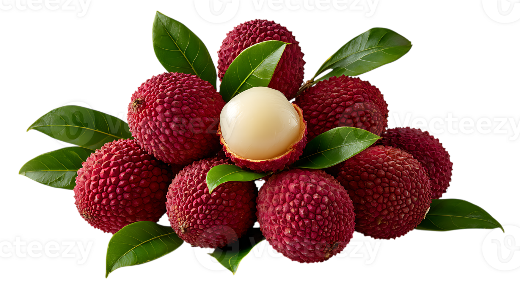 A vibrant cluster of ripe red lychee fruits with green leaves and one peeled lychee revealing its juicy white flesh isolated on transparent background png