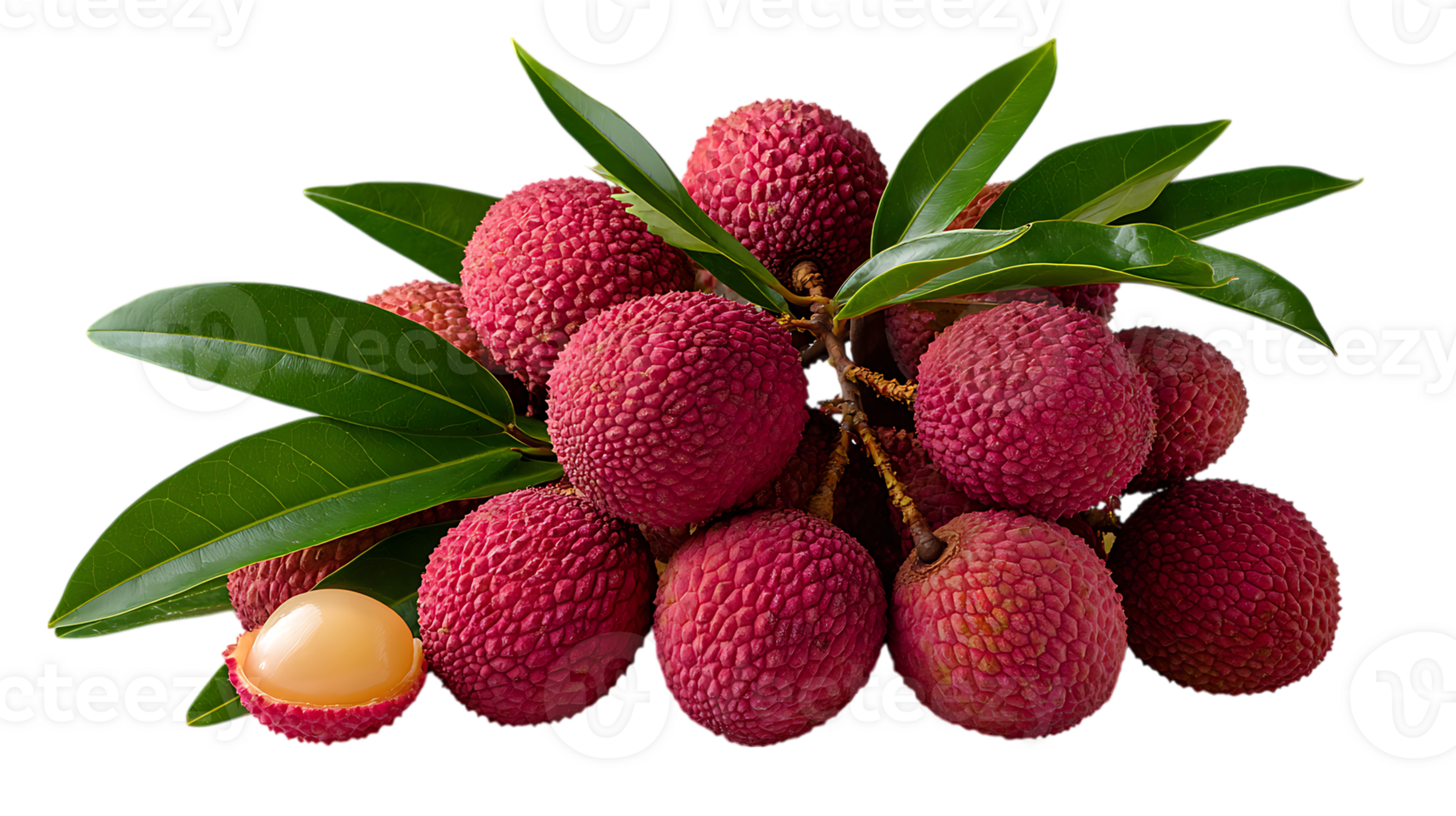 A cluster of ripe red lychee fruits with green leaves and one peeled lychee showing its translucent flesh isolated on transparent background png