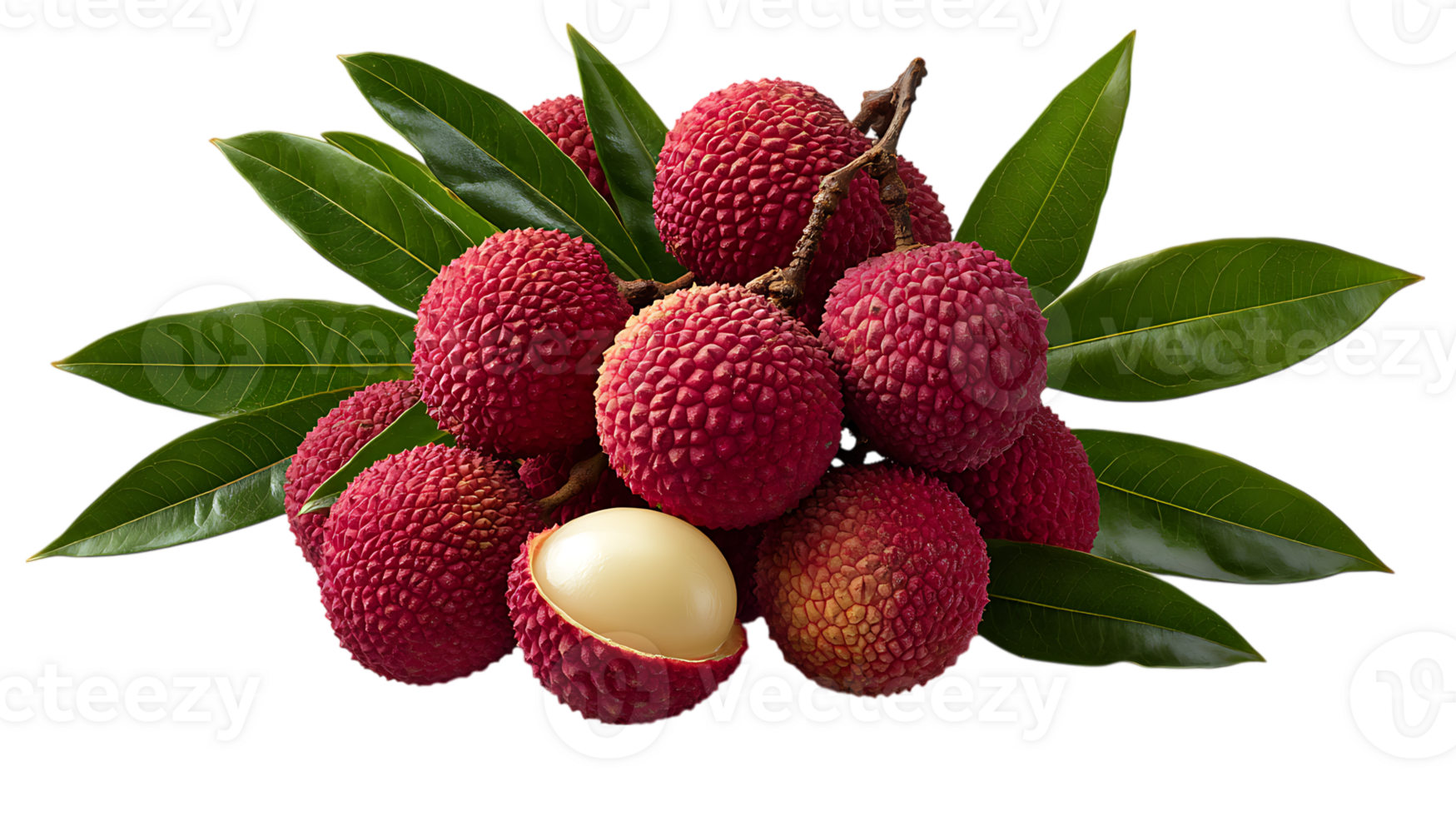 A bunch of fresh red lychee fruits with green leaves isolated on transparent background png