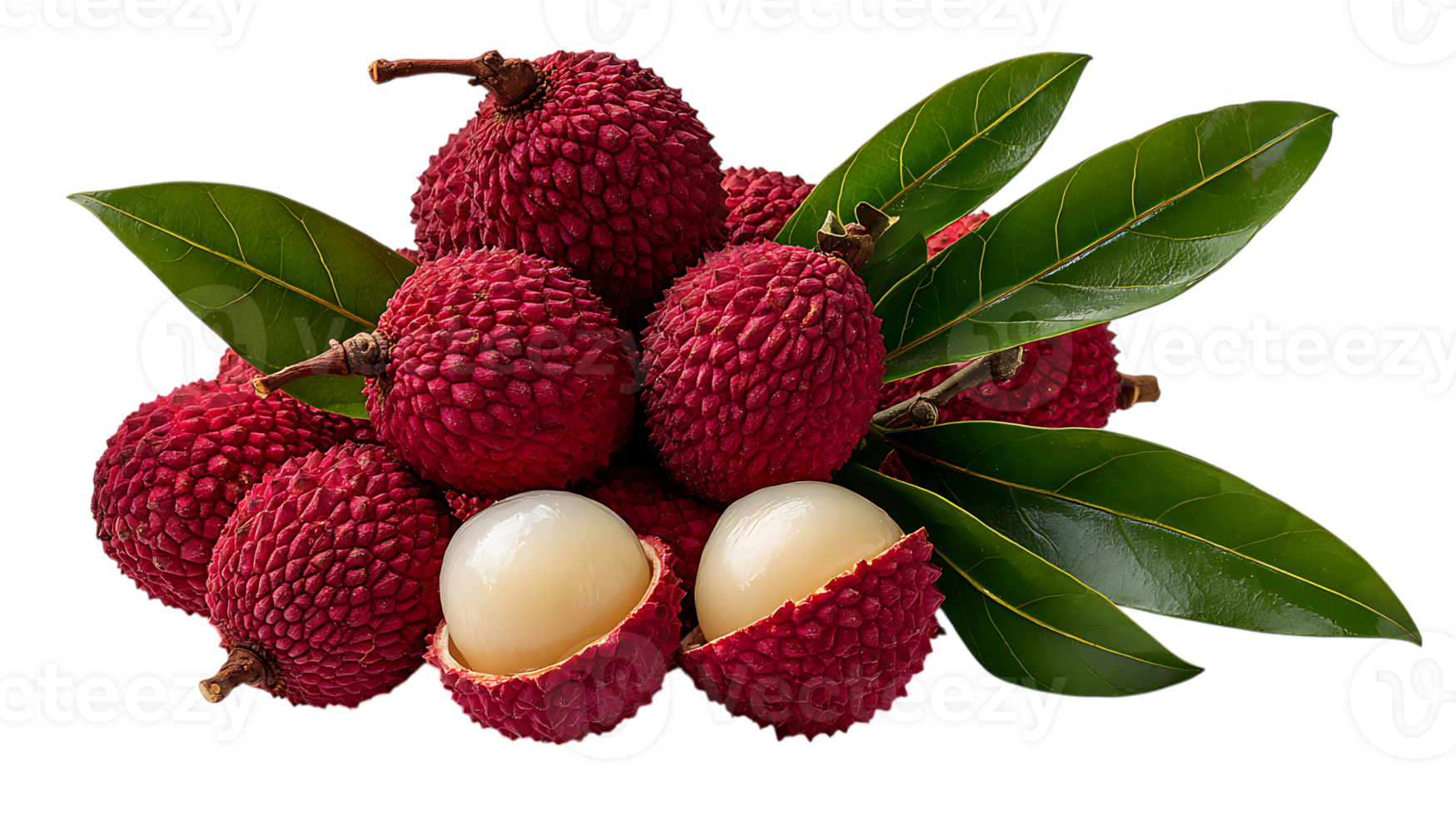 A vibrant cluster of ripe red lychee fruits with green leaves and peeled lychees showing the white flesh isolated on transparent background png