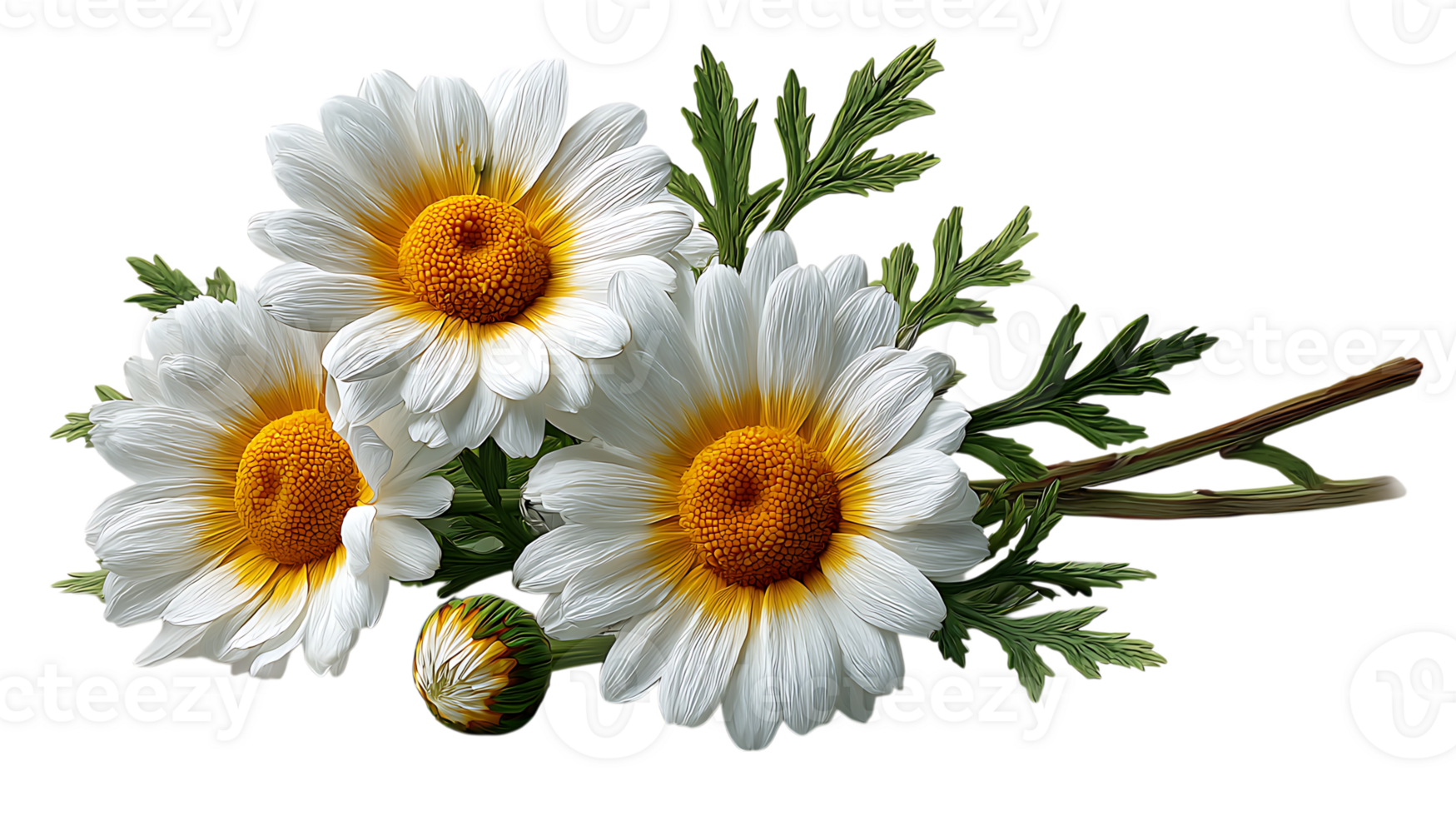Three delicate white daisies with yellow centers and green leaves on a transparent background isolated on transparent background png