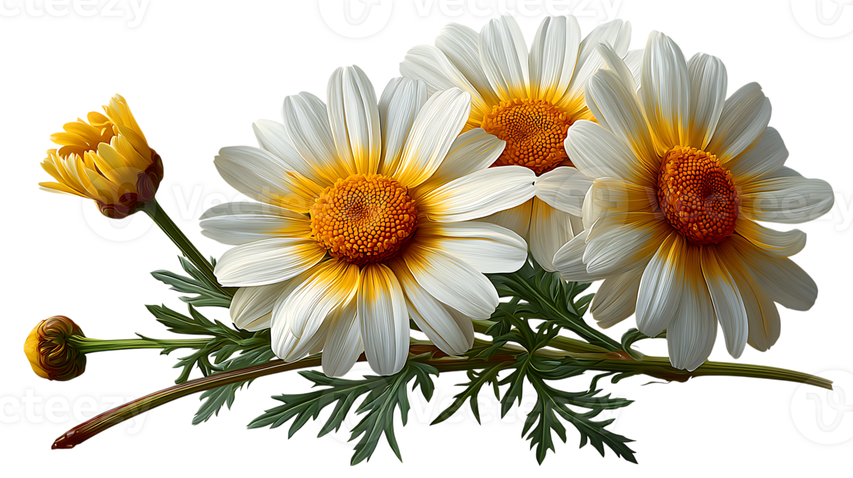 Three white and yellow daisies with buds and green leaves isolated on transparent background png