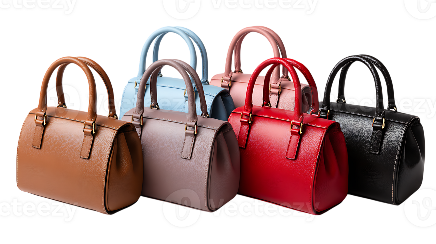 Collection of five textured leather top handle handbags in various colors isolated on transparent background png