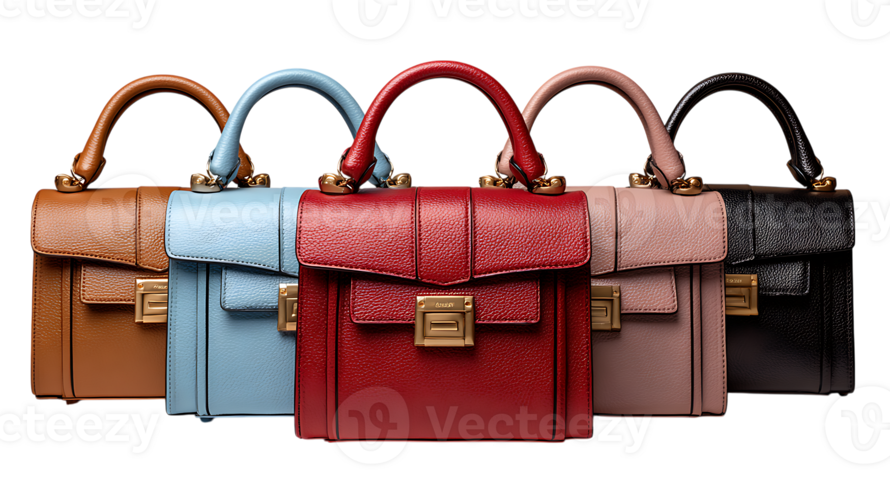 Collection of five textured leather handbags in various colors with gold hardware isolated on transparent background png