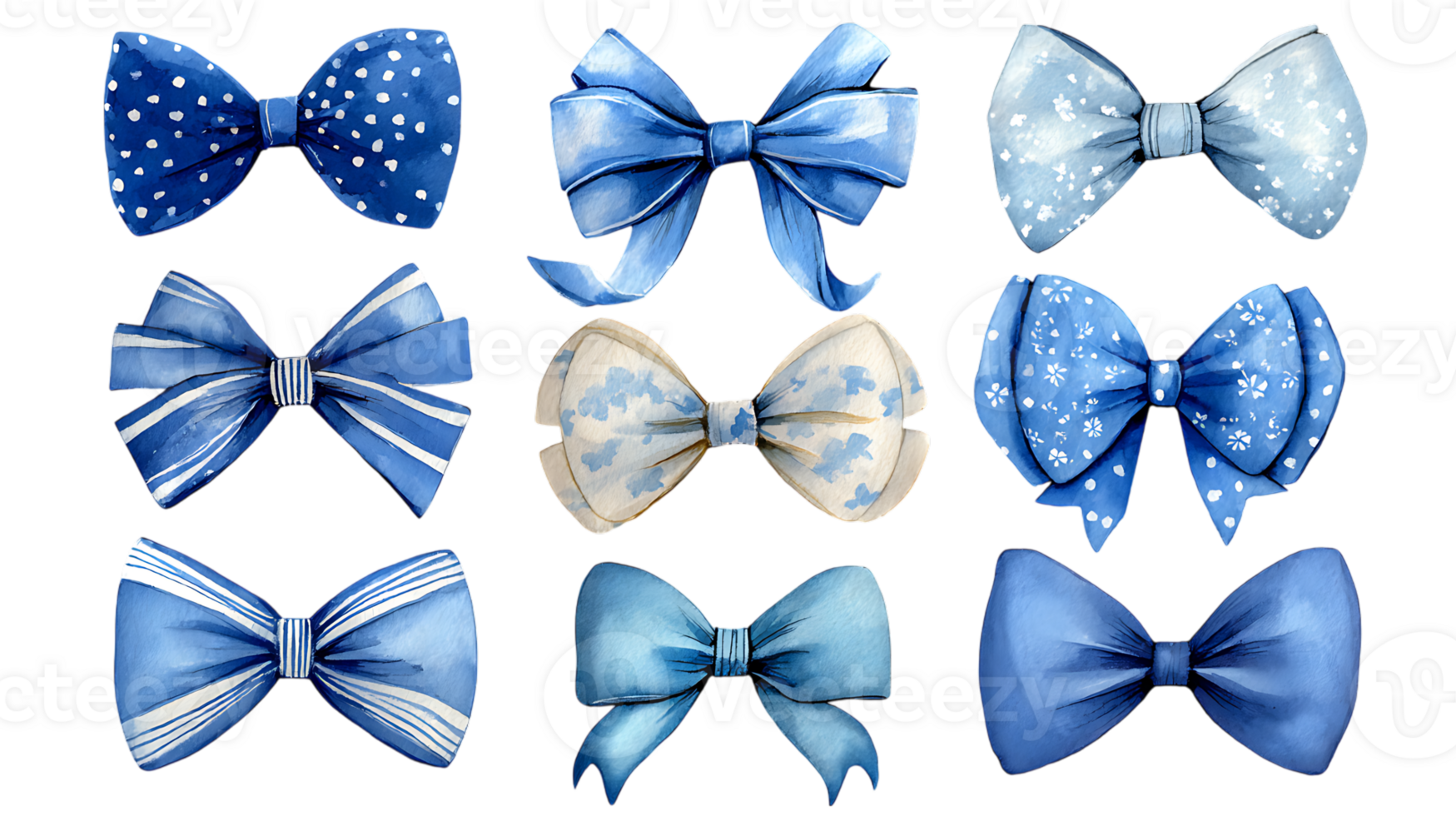 Collection of nine watercolor blue bows with various patterns and textures isolated on transparent background png