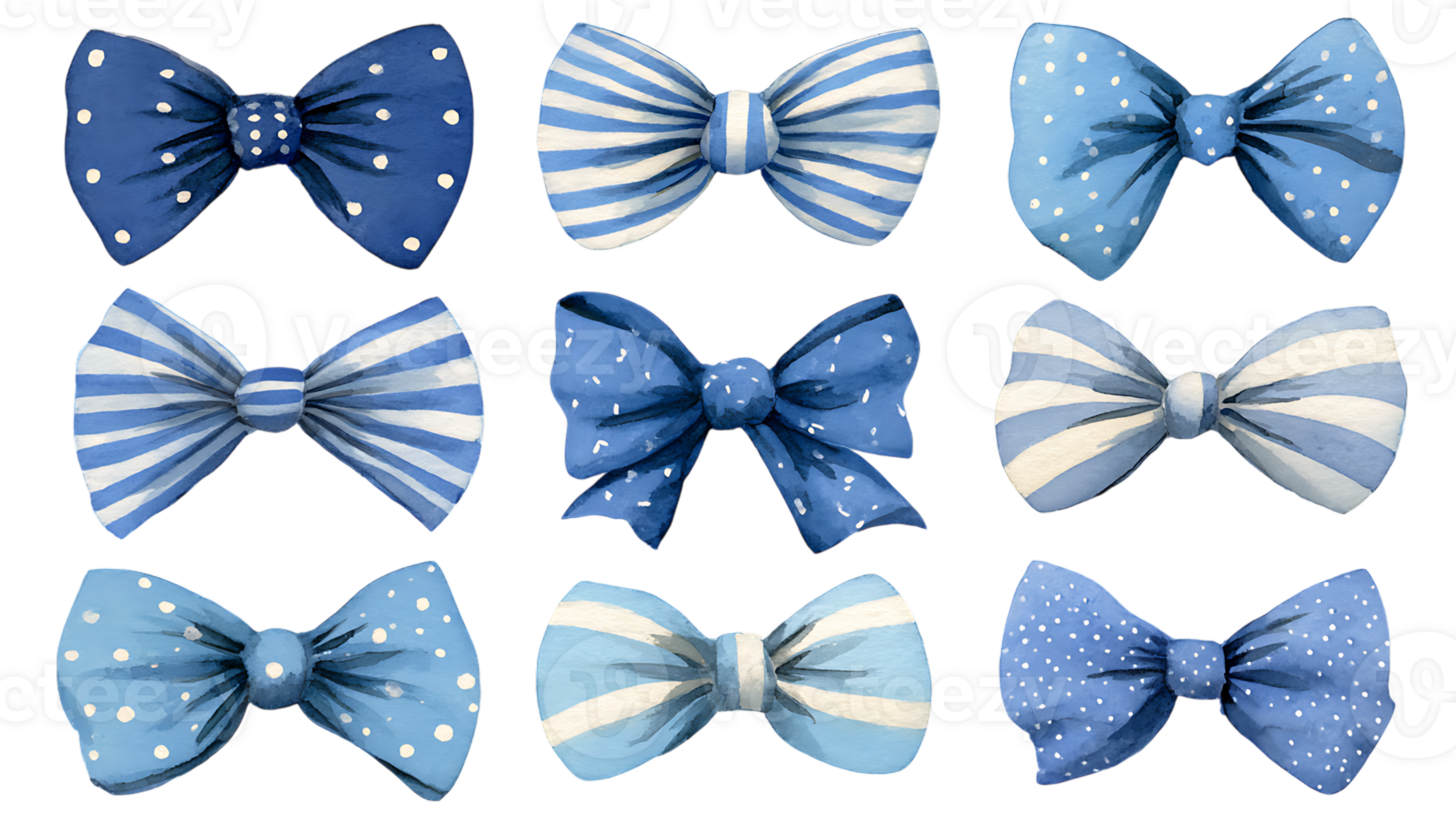 Collection of nine watercolor blue bow ties with polka dot and striped patterns isolated on transparent background png