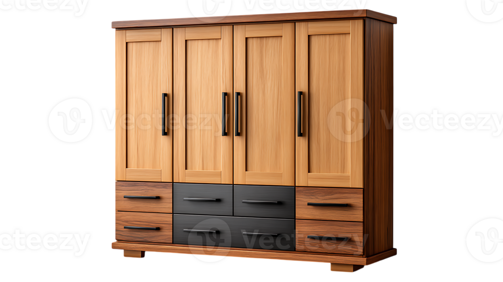 Modern four door wardrobe with contrasting drawer units and black handles isolated on transparent background png