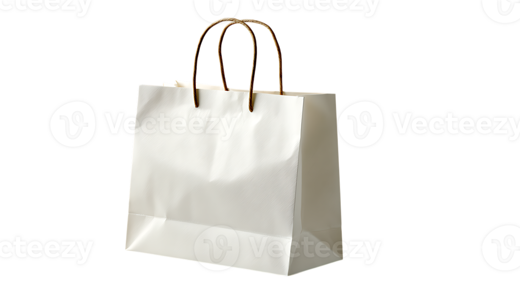 A simple white paper shopping bag with twisted brown handles isolated on transparent background png
