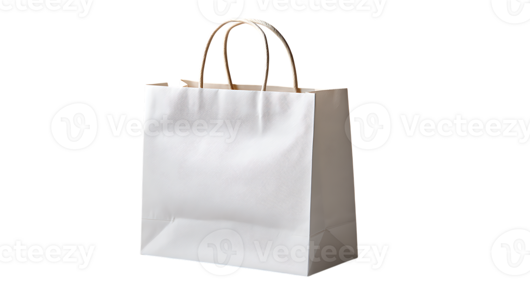 A plain white paper shopping bag with twisted rope handles isolated on transparent background png